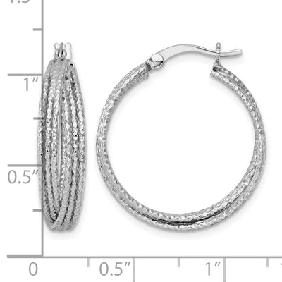 Sterling Silver Rhodium-plated Textured Crisscross Round Hoop Earrings, 25 x 7.2mm
