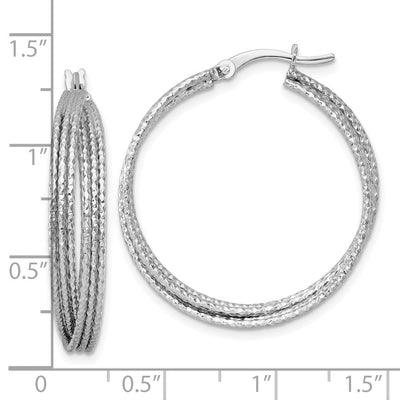 Sterling Silver Rhodium-plated Textured Crisscross Round Hoop Earrings, 31 x 7.2mm