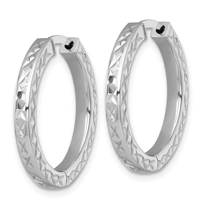 Sterling Silver Rhodium-plated Polished Diamond-cut with Safety Lock Hinged Square Tube Hoop Earrings, 25 x 3mm