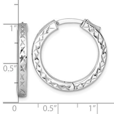 Sterling Silver Rhodium-plated Polished Diamond-cut with Safety Lock Hinged Square Tube Hoop Earrings, 25 x 3mm