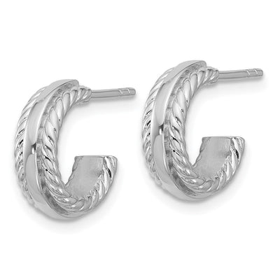 Sterling Silver Rhodium-plated Polished and Grooved x C-Hoop Post Earrings, 13 x 12.9mm