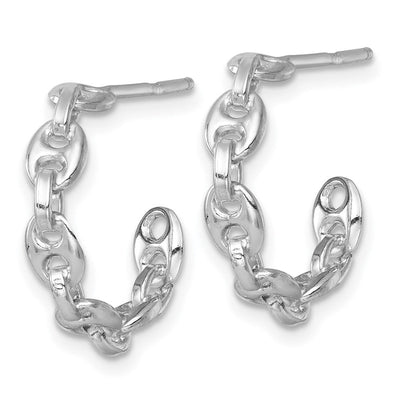Sterling Silver Rhodium-plated x Puffed Anchor/Mariner Link C-Hoop Post Earrings, 19 x 3.75mm