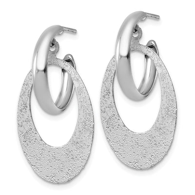 Sterling Silver Rhodium-plated Polished and Brushed Oval Dangle C-Hoop Post Earrings, 37.7 x 20.5mm