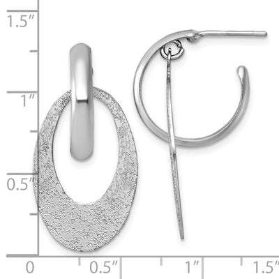 Sterling Silver Rhodium-plated Polished and Brushed Oval Dangle C-Hoop Post Earrings, 37.7 x 20.5mm
