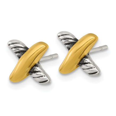 Sterling Silver and Gold-tone Polished and Antiqued X Post Earrings