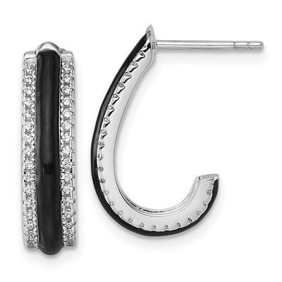 Sterling Silver Rhodium-plated CZ with Black Enamel J-Hoop Post Earrings