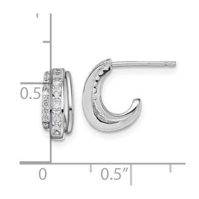 Sterling Silver Rhodium-plated CZ 3-Row Polished J-Hoop Post Earrings, 11.9 x 9.7mm