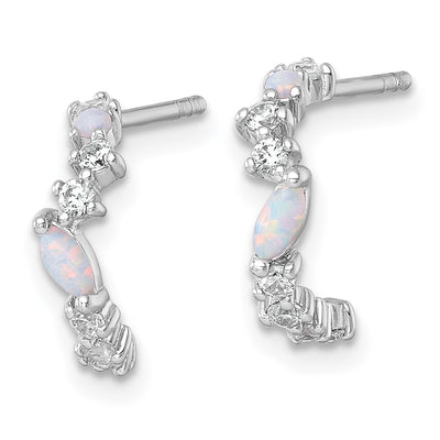 Sterling Silver Rhodium-plated Polished CZ and Lab Created Opal Post C-Hoop Earrings