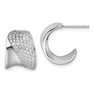 Sterling Silver Rhodium-plated CZ Polished J-Hoop Post Earrings (Style QE18099)