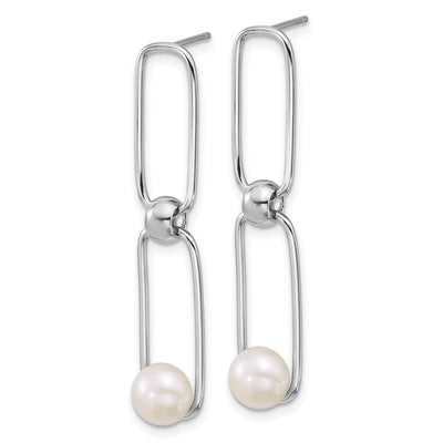 Sterling Silver Rhodium-plated Button White Freshwater Cultured Pearl and Long Link Dangle Post Earrings