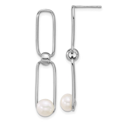 Sterling Silver Rhodium-plated Button White Freshwater Cultured Pearl and Long Link Dangle Post Earrings