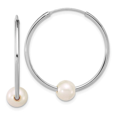 Sterling Silver Rhodium-plated Semi-Round White Freshwater Cultured Pearl Endless Hoop Earrings, 32.4 x 30mm