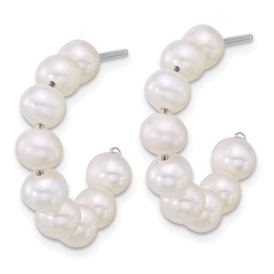 Sterling Silver Rhodium-plated Semi-Round White Freshwater Cultured Pearl C-Hoop Post Earrings, 24.35 x 27.3mm