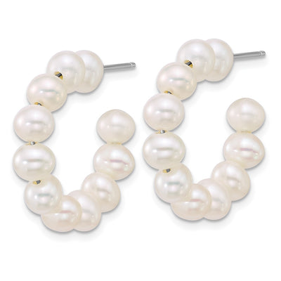 Sterling Silver Rhodium-plated Semi-Round White Freshwater Cultured Pearl C-Hoop Post Earrings, 24.5 x 28.4mm