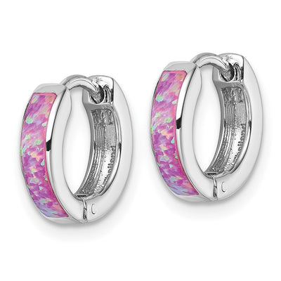 Sterling Silver Rhodium-plated Polished x Pink Lab Created Opal Hinged Hoop Earrings