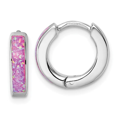Sterling Silver Rhodium-plated Polished x Pink Lab Created Opal Hinged Hoop Earrings