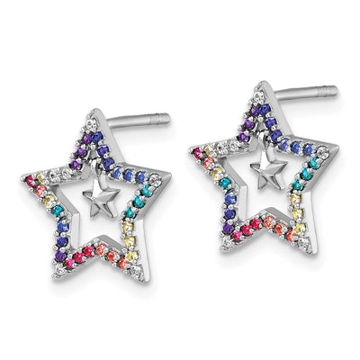 Sterling Silver Rhodium-plated Polished Rainbow Nano Crystals Star with Mini Star Dangle Childrens Post Earrings, 14.9 x 14.3mm