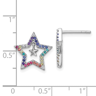 Sterling Silver Rhodium-plated Polished Rainbow Nano Crystals Star with Mini Star Dangle Childrens Post Earrings, 14.9 x 14.3mm