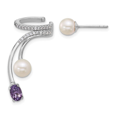 Sterling Silver Rhodium-plated CZ, White Freshwater Cultured Pearl and . Oval Amethyst Post and Cuff Asymmetric Earrings