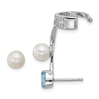 Sterling Silver Rhodium-plated CZ, White Freshwater Cultured Pearl and . Oval Blue Topaz Post and Cuff Asymmetric Earrings