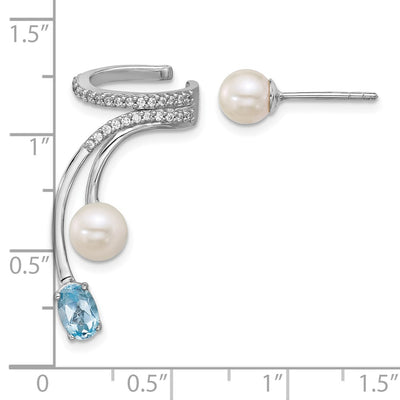 Sterling Silver Rhodium-plated CZ, White Freshwater Cultured Pearl and . Oval Blue Topaz Post and Cuff Asymmetric Earrings