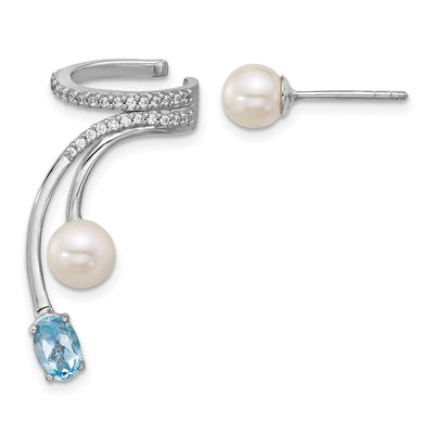 Sterling Silver Rhodium-plated CZ, White Freshwater Cultured Pearl and . Oval Blue Topaz Post and Cuff Asymmetric Earrings