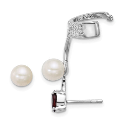 Sterling Silver Rhodium-plated CZ, White Freshwater Cultured Pearl and . Oval Garnet Post and Cuff Asymmetric Earrings