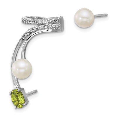 Sterling Silver Rhodium-plated CZ, White Freshwater Cultured Pearl and . Oval Peridot Post and Cuff Asymmetric Earrings