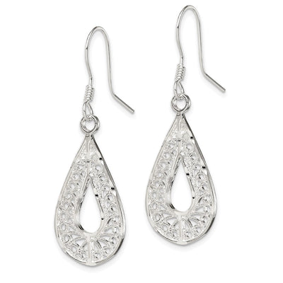 Sterling Silver Polished Textured D/C Filigree Teardrop Dangle Earrings, 42 x 15mm