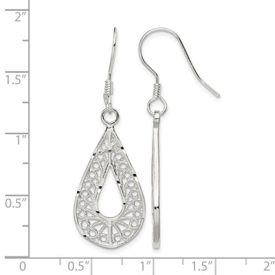 Sterling Silver Polished Textured D/C Filigree Teardrop Dangle Earrings, 42 x 15mm
