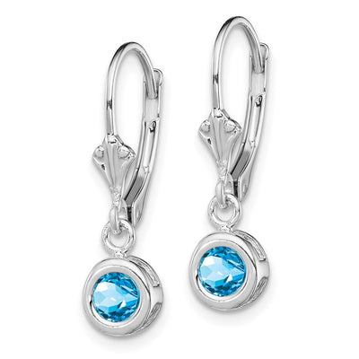 Sterling Silver Rhodium Plated Round Blue Topaz Leverback Earrings, 26 x 6mm