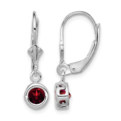 Sterling Silver Rhodium Plated Round Garnet Leverback Earrings, 26 x 6mm