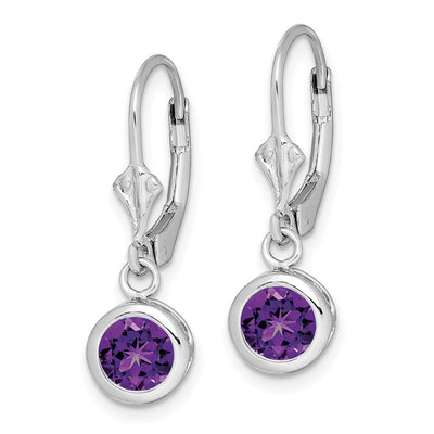 Sterling Silver Rhodium Plated Round Amethyst Leverback Earrings, 26 x 7mm