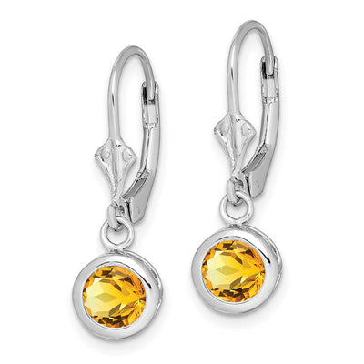 Sterling Silver Rhodium Plated Round Citrine Leverback Earrings, 26 x 7mm