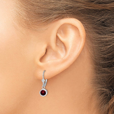 Sterling Silver Rhodium Plated Round Garnet Leverback Earrings, 26 x 7mm