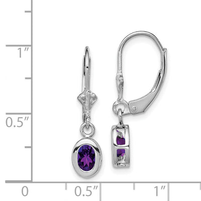 Sterling Silver Rhodium Plated Oval Amethyst Leverback Earrings, 28 x 7mm