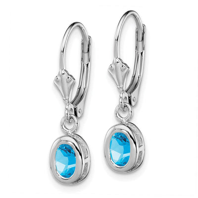 Sterling Silver Rhodium Plated Oval Blue Topaz Leverback Earrings, 28 x 7mm