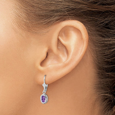 Sterling Silver Rhodium Plated Oval Amethyst Leverback Earrings, 28 x 8mm