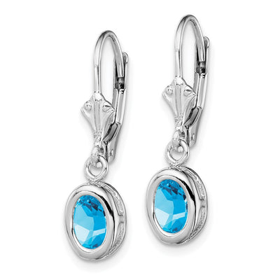 Sterling Silver Rhodium Plated Oval Blue Topaz Leverback Earrings, 28 x 8mm
