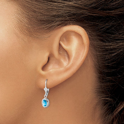 Sterling Silver Rhodium Plated Oval Blue Topaz Leverback Earrings, 28 x 8mm