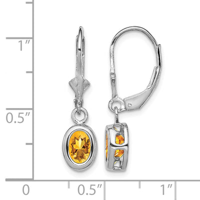 Sterling Silver Rhodium Plated Oval Citrine Leverback Earrings, 28 x 8mm