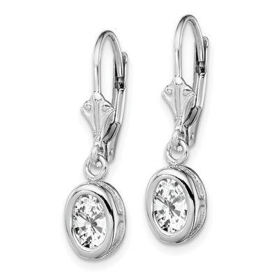 Sterling Silver Rhodium Plated Oval CZ Leverback Earrings, 28 x 8mm