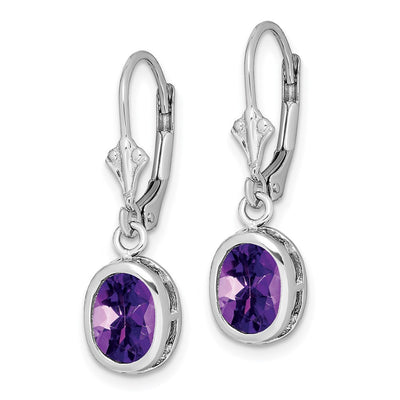 Sterling Silver Rhodium Plated Oval Amethyst Leverback Earrings, 28 x 9mm
