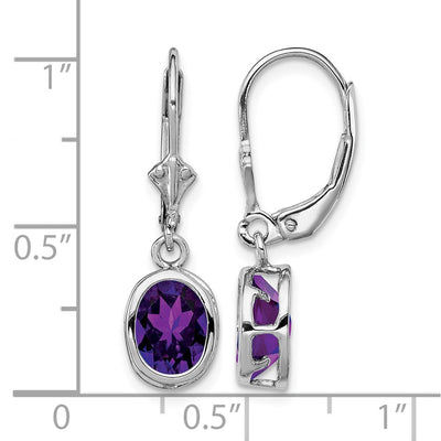 Sterling Silver Rhodium Plated Oval Amethyst Leverback Earrings, 28 x 9mm