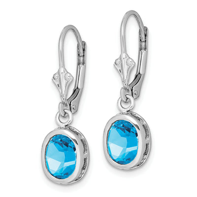 Sterling Silver Rhodium Plated Oval Blue Topaz Leverback Earrings, 28 x 9mm