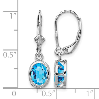 Sterling Silver Rhodium Plated Oval Blue Topaz Leverback Earrings, 28 x 9mm