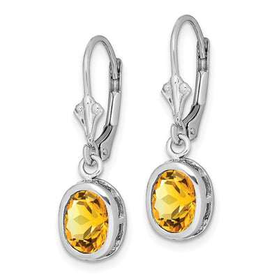 Sterling Silver Rhodium Plated Oval Citrine Leverback Earrings, 28 x 9mm