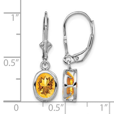 Sterling Silver Rhodium Plated Oval Citrine Leverback Earrings, 28 x 9mm