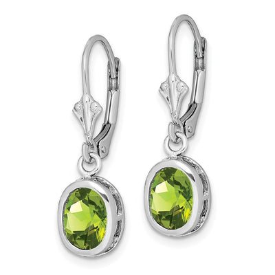 Sterling Silver Rhodium Plated Oval Peridot Leverback Earrings, 28 x 9mm