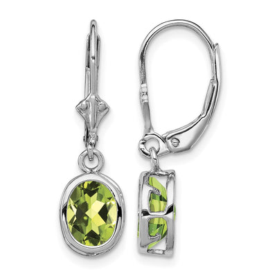 Sterling Silver Rhodium Plated Oval Peridot Leverback Earrings, 28 x 9mm